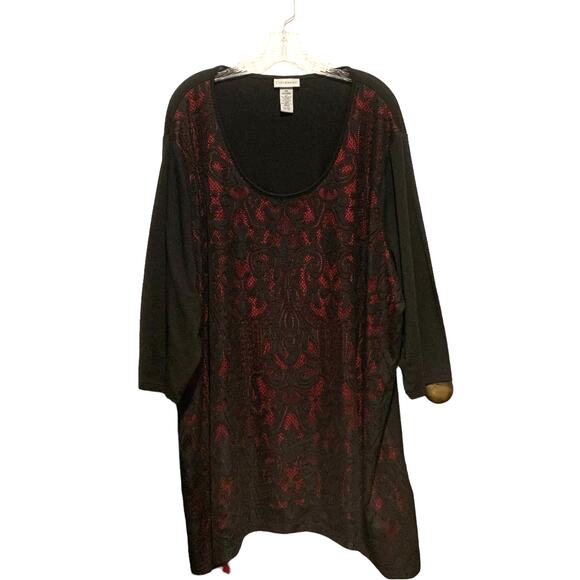 CATHERINES Top 3X 26/28W Black Lace Over Red Tunic Stretchy Goth Witchy Romantic - Picture 1 of 7